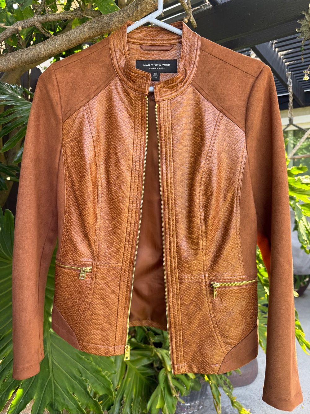 Marc New York Chestnut Brown Faux Leather & Suede Zip Jacket